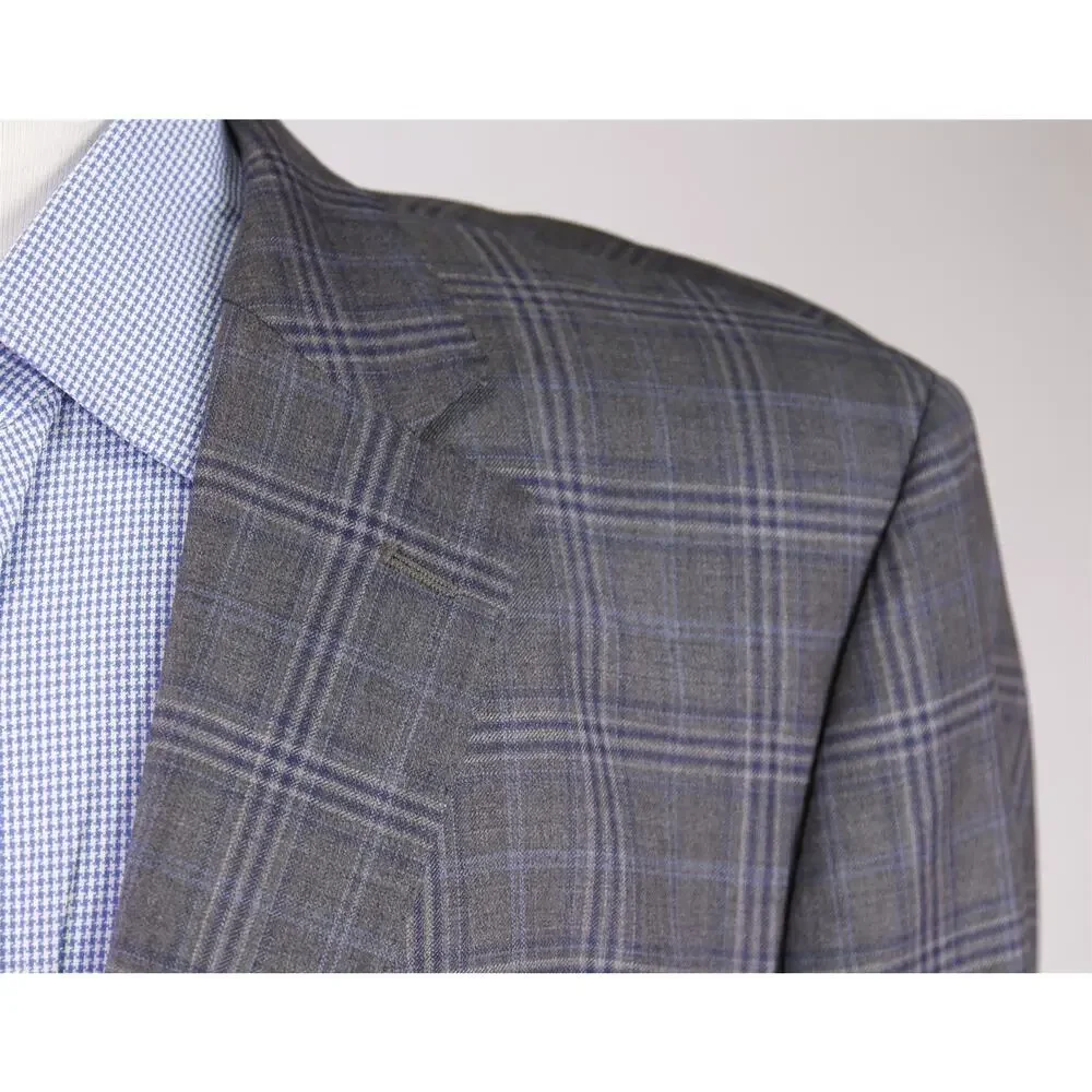 G. Manzoni Gray Blue Windowpane Super 130's Wool Sportcoat Blazer 46R